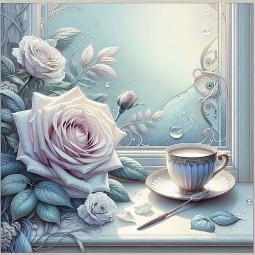 Pastel Rose and Coffee by Window | Digital Painting