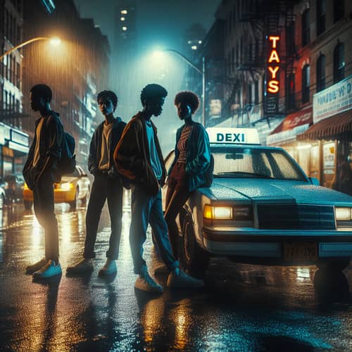 Urban Street Scene with African-American Teenagers on a Rainy Night