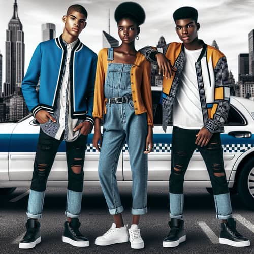 Vibrant Urban Fashion - Black Teenagers Pose with Taxi Cab
