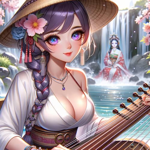 Unique Asian Beauty with Guzheng, Waterfall, and Goddess