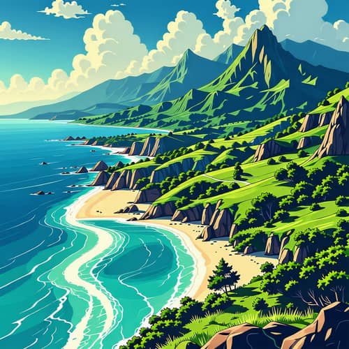 Anime Landscape Wallpaper: Summer Day Beach View with Detailed Mountains