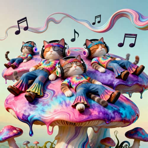 Dreamy Cartoon Cats on Tie-Dye Mushrooms Dreamy Cartoon Cats on Tie-Dye Mushrooms