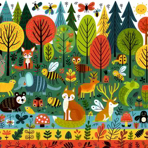 Colorful Woodland Creatures Illustration for Pre-School Children