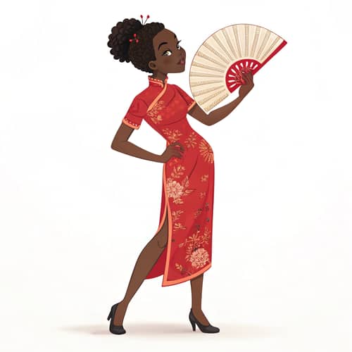 Elegant American Girl in Red Silk Dress