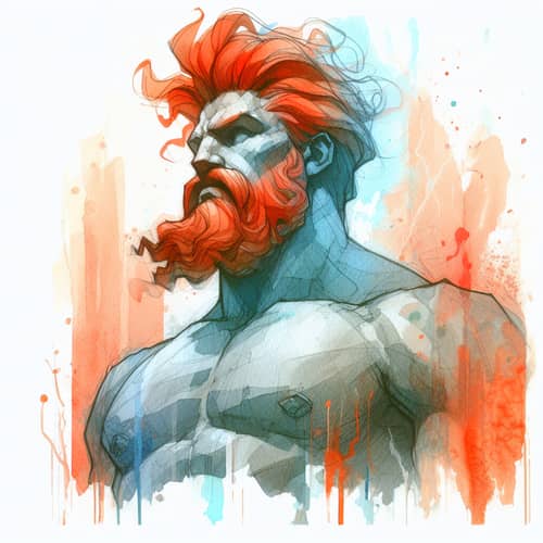 Colossal Red-Haired Figure Watercolor Illustration