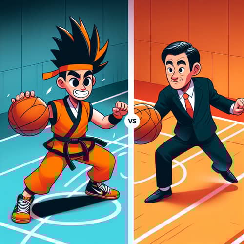 Animated Goku Playing Basketball vs Politician in Exciting Match
