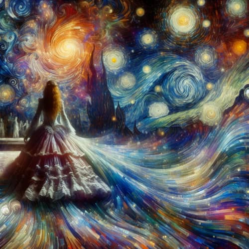 Cosmic Dance of Celestial Bodies and Hispanic Woman in Romantic Gown