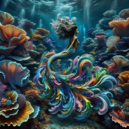 Hispanic Mermaid Amid Colorful Coral Reefs | Fantasy Underwater Scene
