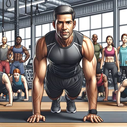 Lead Trainer Demonstrating Push-Up Form to Diverse Group | Gym Scene