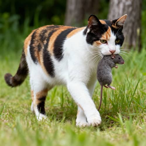 Tricolor Cat Walking with a Mouse Tricolor Cat Walking with a Mouse