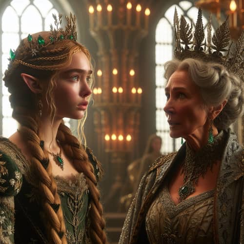 Young Elf of Nobility in Intense Discussion with Queen | Fantasy Scene