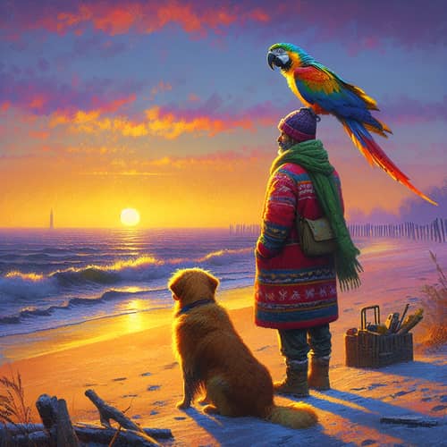 Winter Dawn Scenery by Seashore with South Asian Man and Pets