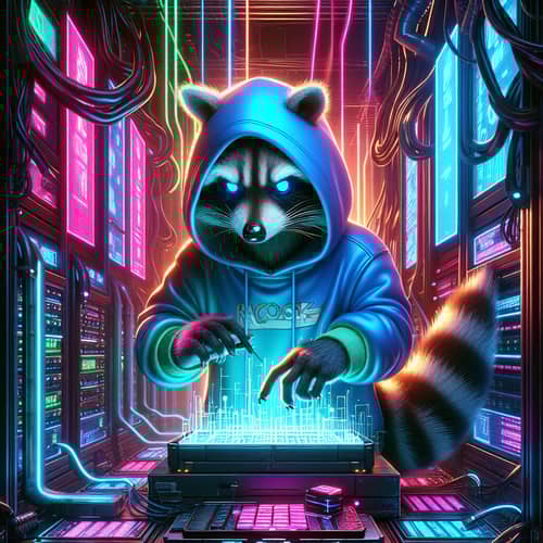Futuristic Cyber-Themed Data Center with Mischievous Raccoon