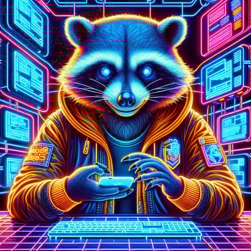Futuristic Cyber-Themed Data Center with a Mischievous Raccoon in a Hacker Jacket