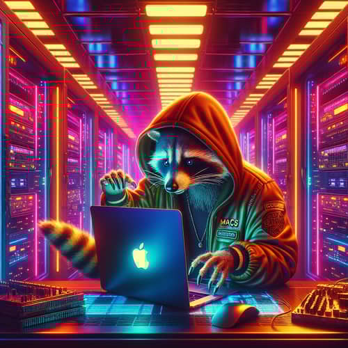 Cyberpunk Digital Art: Futuristic Data Center with Mischievous Raccoon