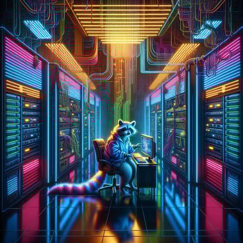 Futuristic Data Center Cyberpunk Scene with Mysterious Raccoon