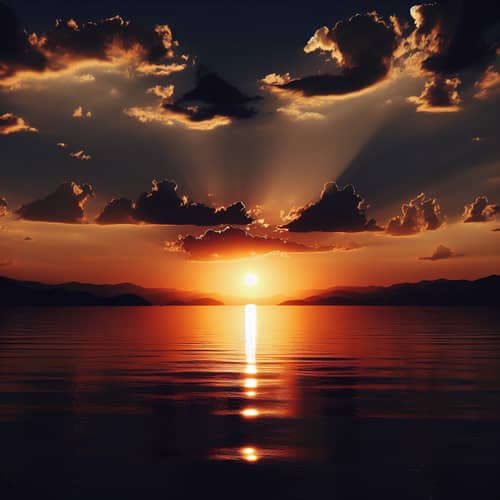 Tranquil Evening Scene with Sunset, Lake, and Mountains