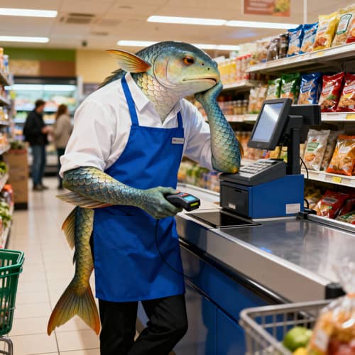 Bored Fish Person in Grocery Store