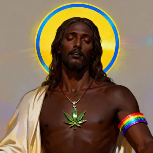 Black Jesus with Colorful Halo and Unique Accessories