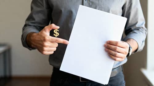 Man Showcasing A4 Document with Money Gesture