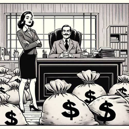 Nostalgic Black and White Cartoon: Middle-Aged South Asian Manager & Caucasian Female Secretary in Office Setting