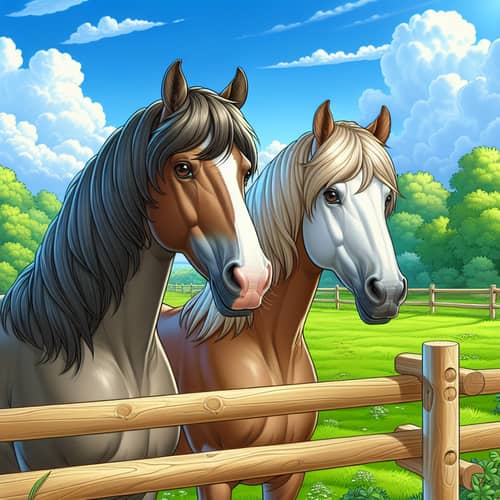 Beautiful Brown and White Horses in Serene Green Field