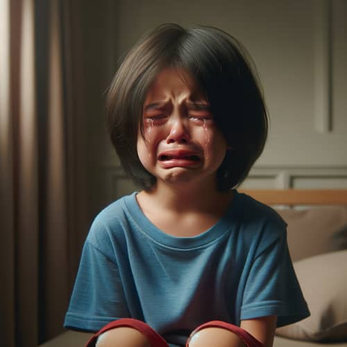 Emotional Filipino Child Crying in Beige Room