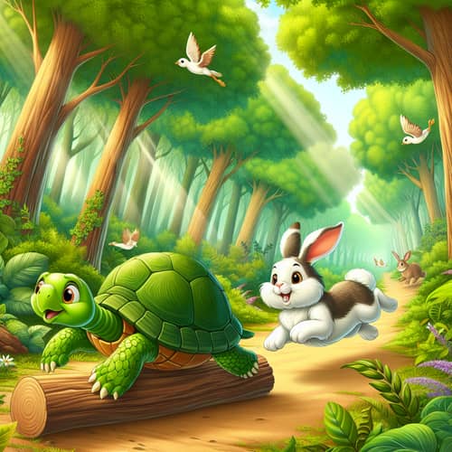 Playful Turtle and Rabbit Race in Lush Forest