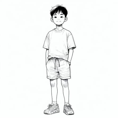 Black and White Sketch of 8-Year-Old Asian Boy