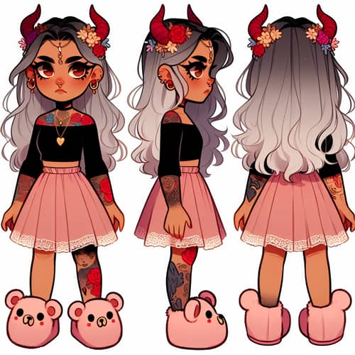 Hispanic Girl with Grey Hair and Red-Gold Horns