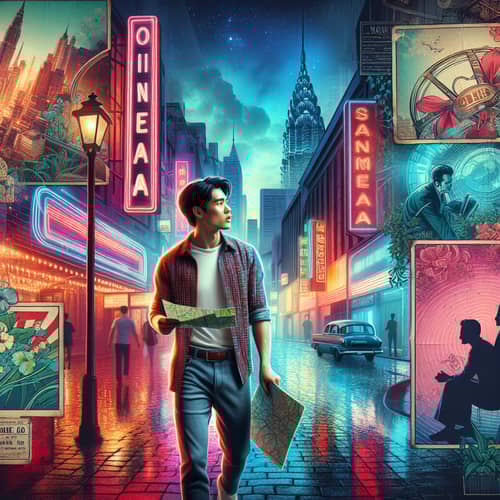 Urban Cinema Quest: Asian Man Seeking Movie Theater at Dusk