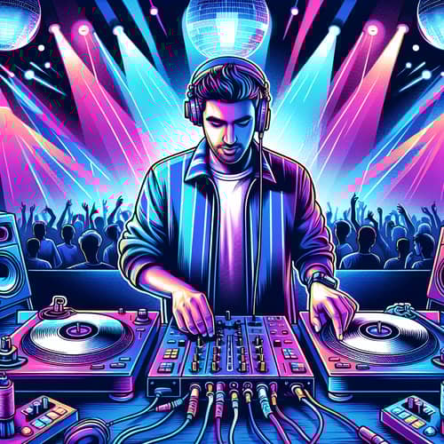 Vibrant DJ Mixing Illustration in Neon Color Scheme