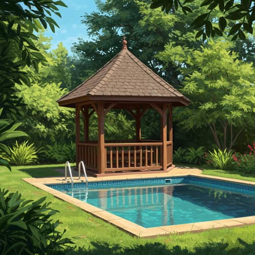 Tranquil Gazebo by Swimming Pool in Impressionistic Style