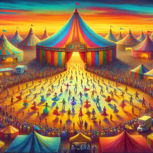 Colorful Circus Scene with Diverse Performers and Attractions