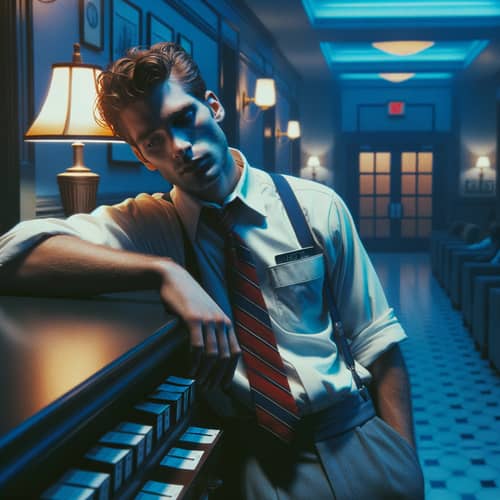 Loneliness of Night Shift: Weary Hotel Employee in Vintage Style