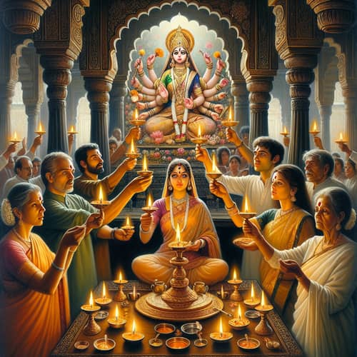 Traditional Indian Aarti Ritual with Devout Participants and Goddess Ambaji Statue