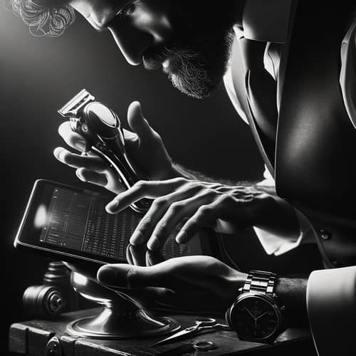 Vintage-Inspired Close-Up of Middle-Eastern Barber's Hand with Modern Tablet