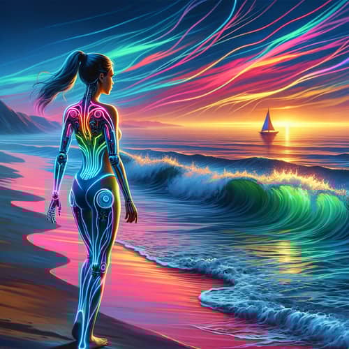 Vibrant Cybernetic Girl on Beach | Colorful AI Scene
