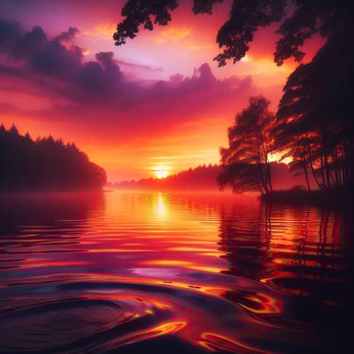 Tranquil Sunset Scene Over Lake with Silhouetted Trees