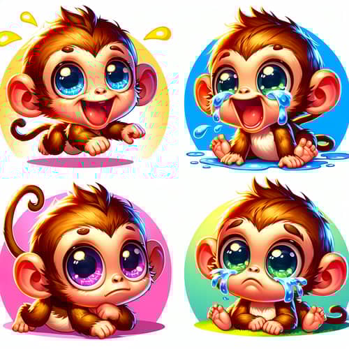 Colorful Baby Monkeys Cartoon Art - Vibrant 2D Illustration