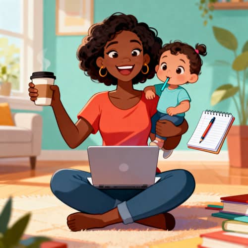 Multitasking Black Mom: A Cheerful Cartoon Multitasking Black Mom: A Cheerful Cartoon