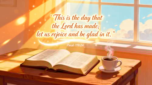 Cheerful Morning Sunrise with Bible & Coffee Cheerful Morning Sunrise with Bible & Coffee