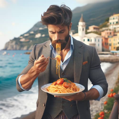 Italian Man Enjoying Plate of Spaghetti by the Sea