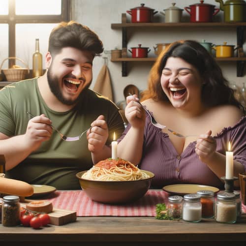Joyful Overweight Couple Eating Spaghetti | Cozy Dining Scene
