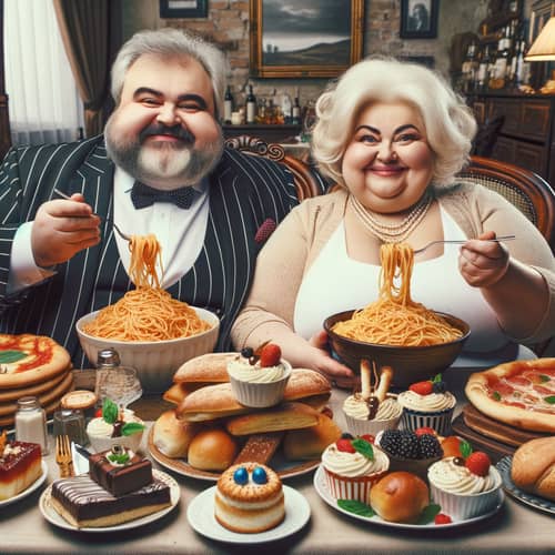Elegant Overweight Italian Couple Indulging in Delicious Feast