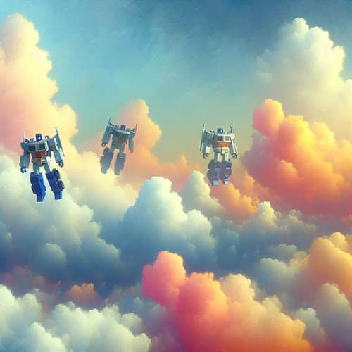 Surreal Pastel Cloud Painting with Transformer Toys
