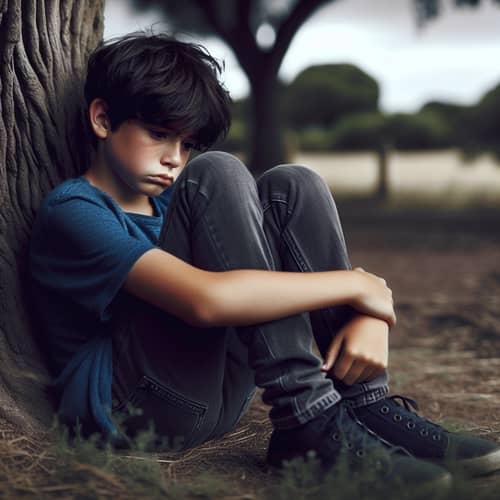 Young Hispanic Boy Sitting Alone Under Large Tree | Solitude and Sorrow
