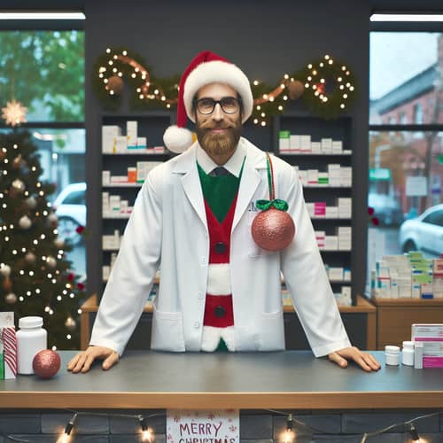 Festive Pharmacy Scene: Christmas Spirit with Male Pharmacist