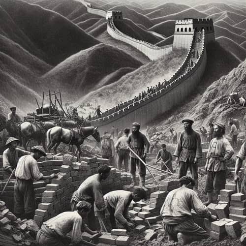 Construction of Great Wall of China: Diverse Workers Building Monument