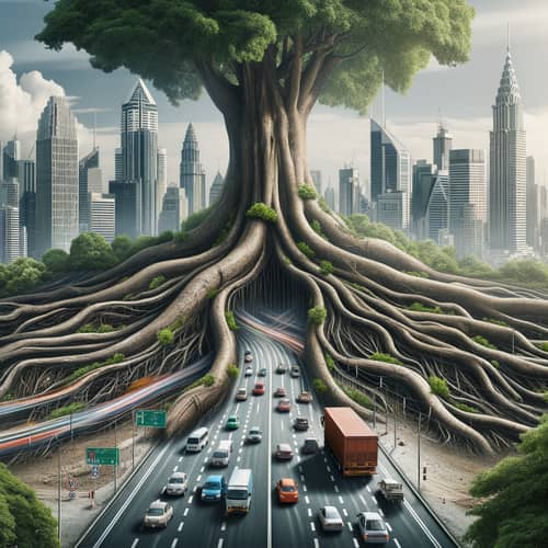 Surreal Transition: Tree Roots to City Roads